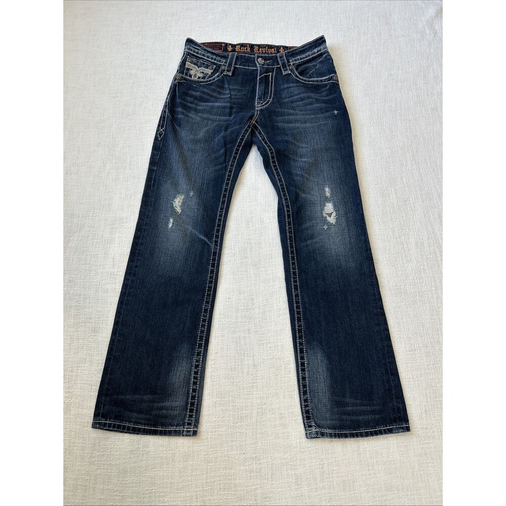 Rock Revival Paul Straight Jeans Men's 33x32 Distressed Dark Wash Thick Stitch